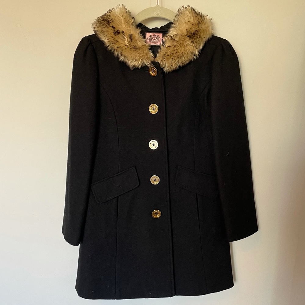 Juicy Couture Girls Black Wool/Faux Fur Coat Size 10 - NEVER WORN